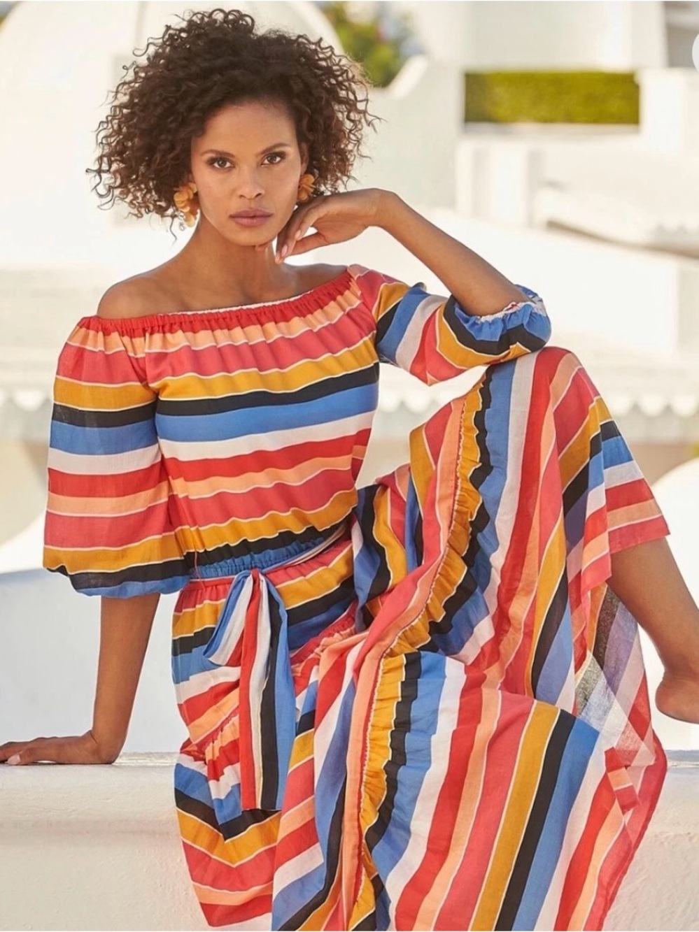 Boston Proper Multi-Color Striped Off-the-Shoulder Maxi Dress